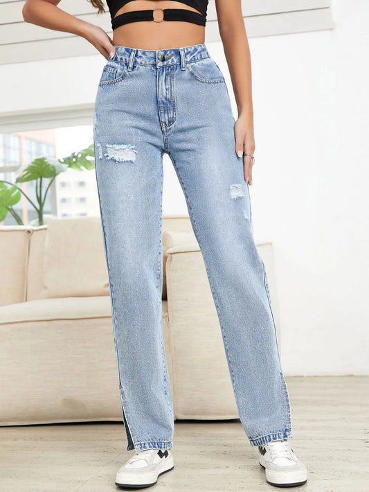 Distressed Slit Straight-Leg Jeans