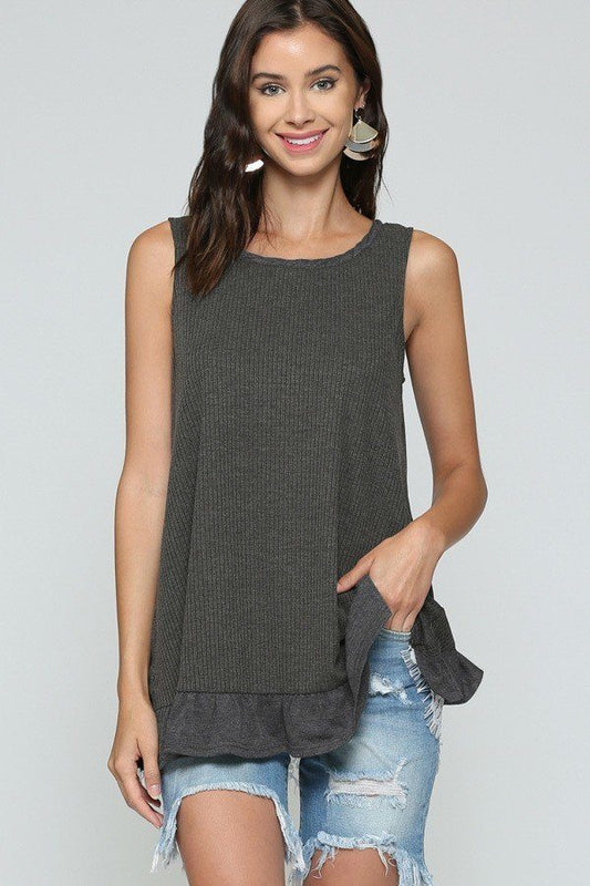 Tank Top with Back Lace Ruffle Black