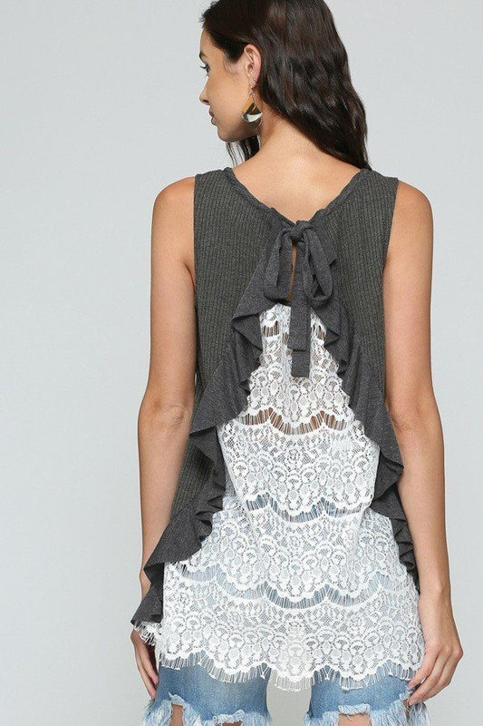 Tank Top with Back Lace Ruffle Black