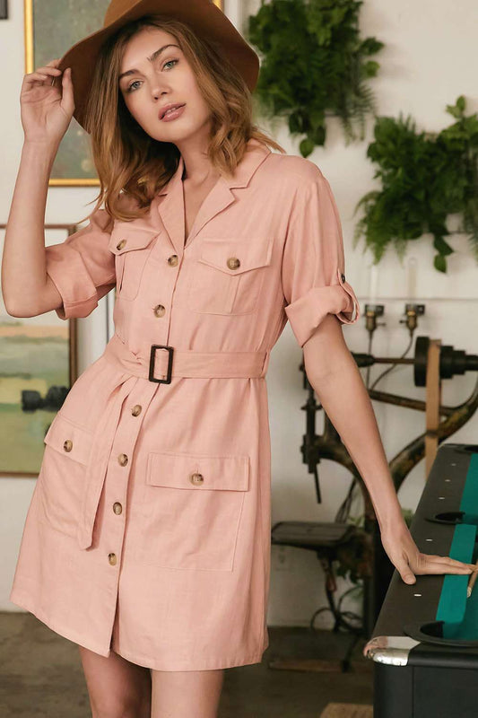 Drop Shoulder Tie Belted Dress Pink