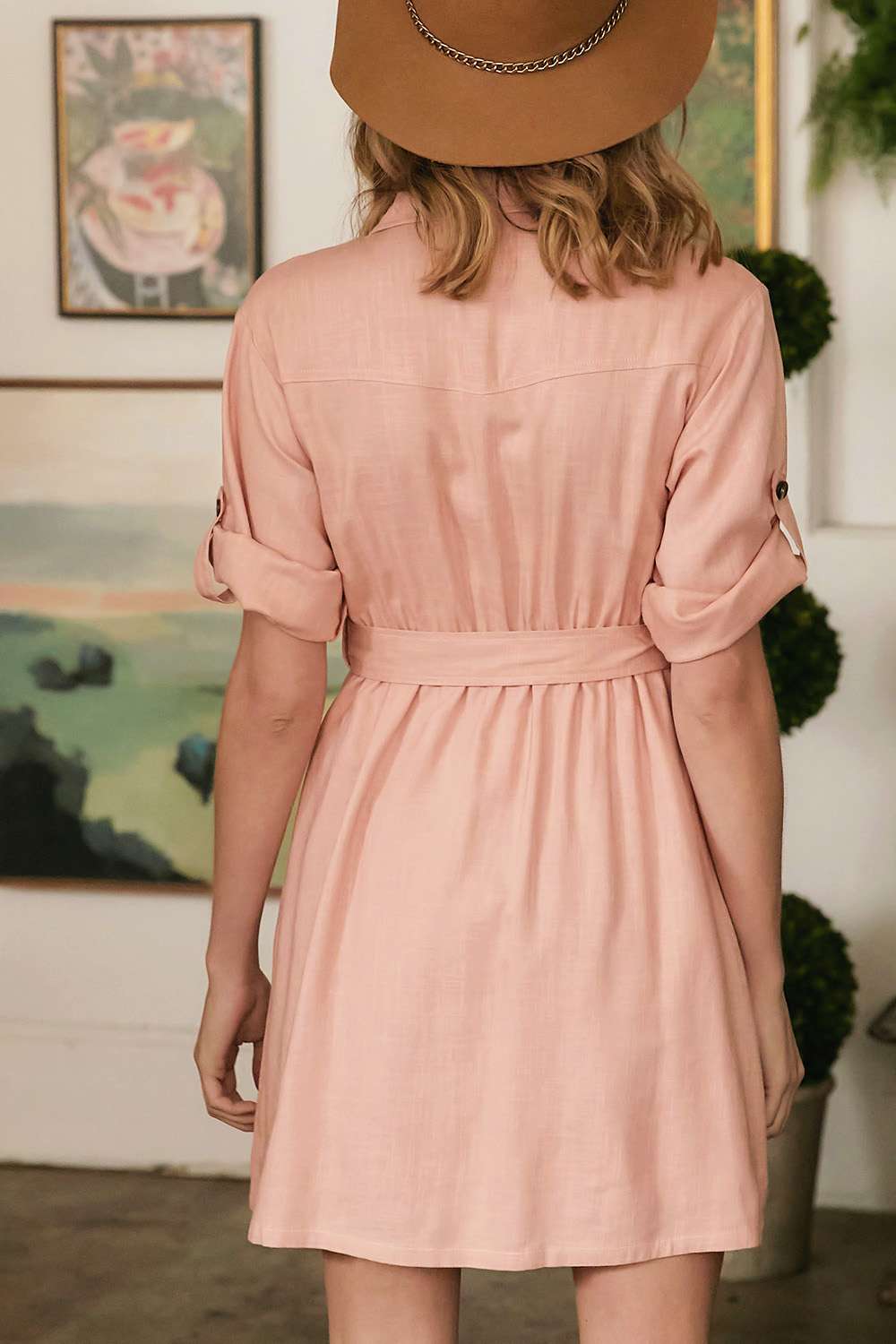 Drop Shoulder Tie Belted Dress Pink