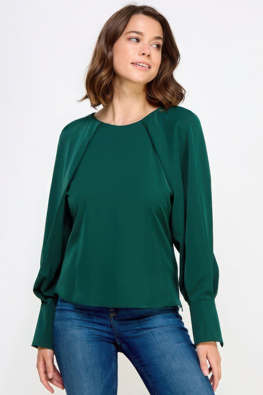 Raglan Long Sleeve Top With Back Neck Tie Green