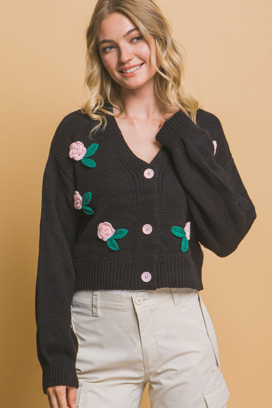 Mid-Cropped Cardigan Rose on Black