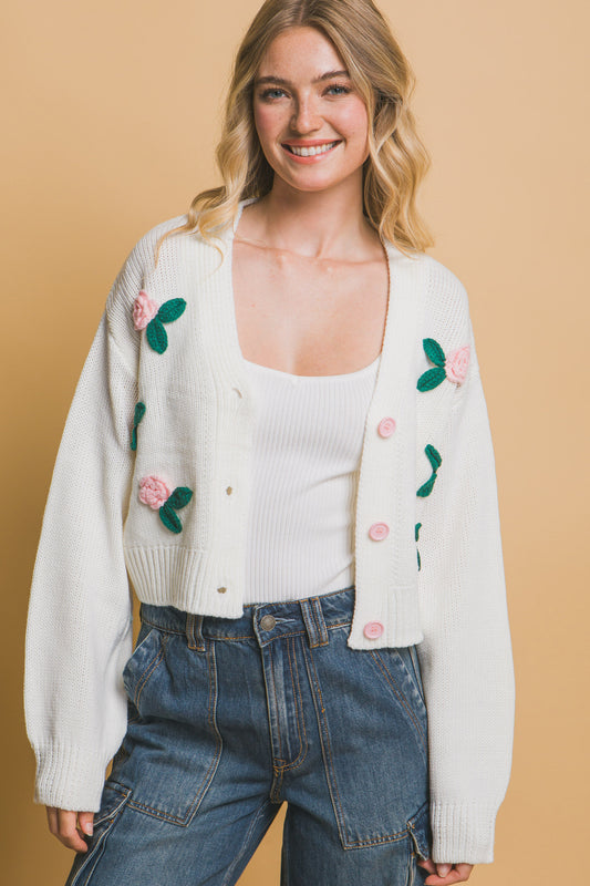Mid-Cropped Cardigan Rose on White
