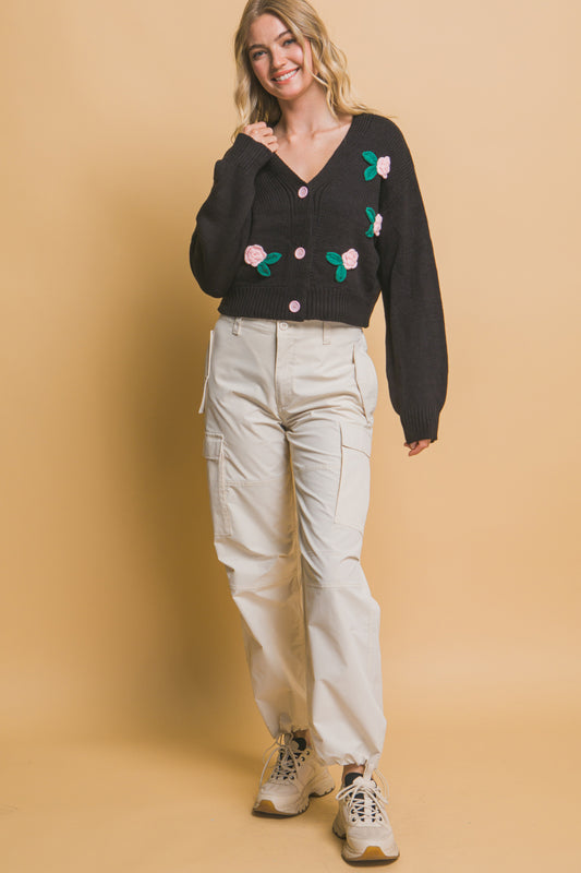 Mid-Cropped Cardigan Rose on Black