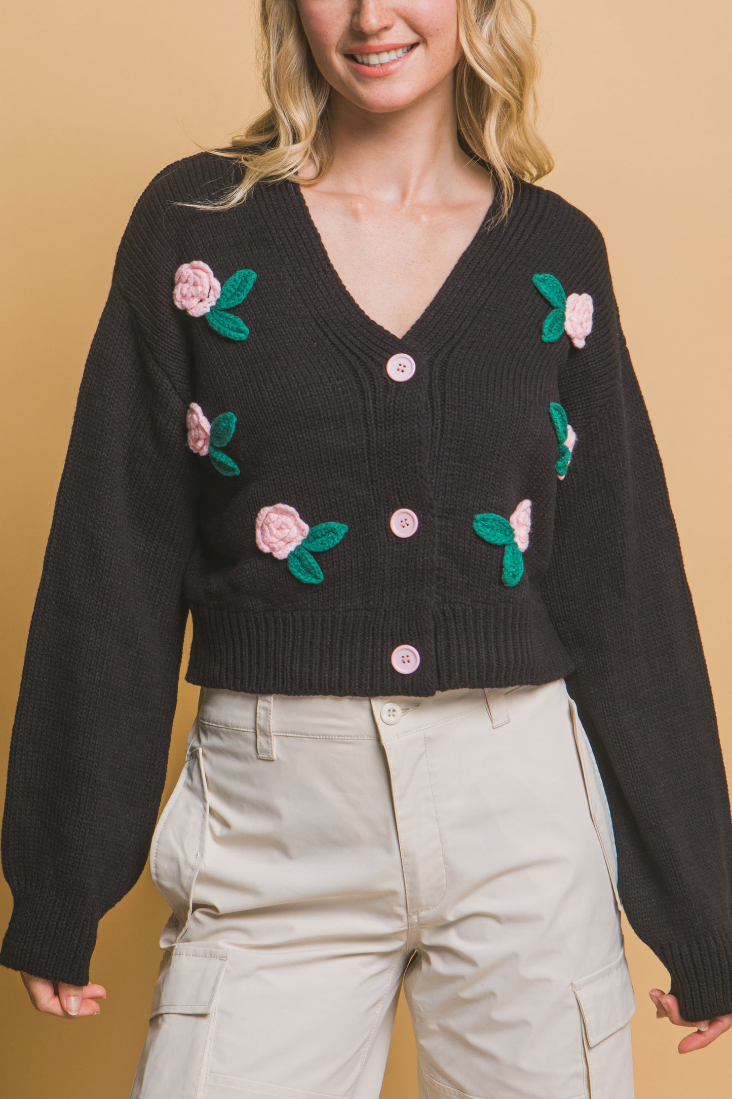 Mid-Cropped Cardigan Rose on Black