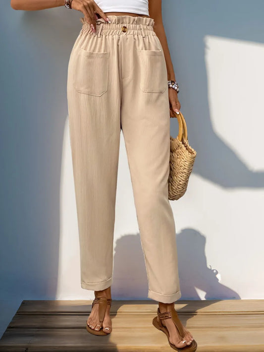 Frill High Waist Pants with Pockets – Stylish and Comfortable