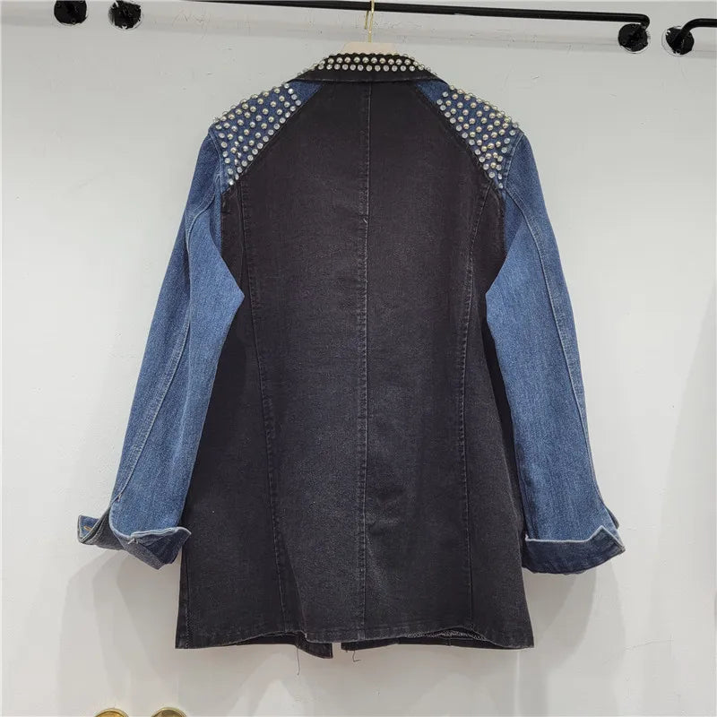 Embellished Denim-Plaid Blazer Coat – Loose Fit, Autumn-Ready Style