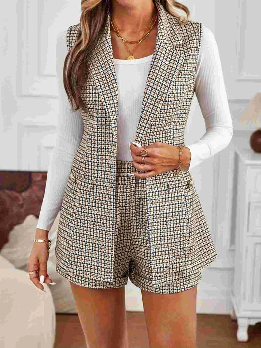 Plaid Collared Vest & Shorts Set with Tie Detail