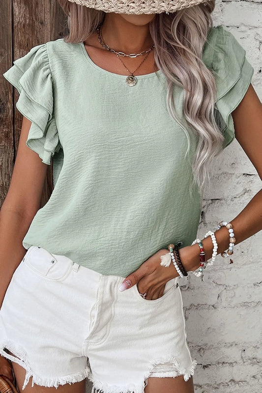 Ruffled V-Neck Blouse with Cap Sleeves