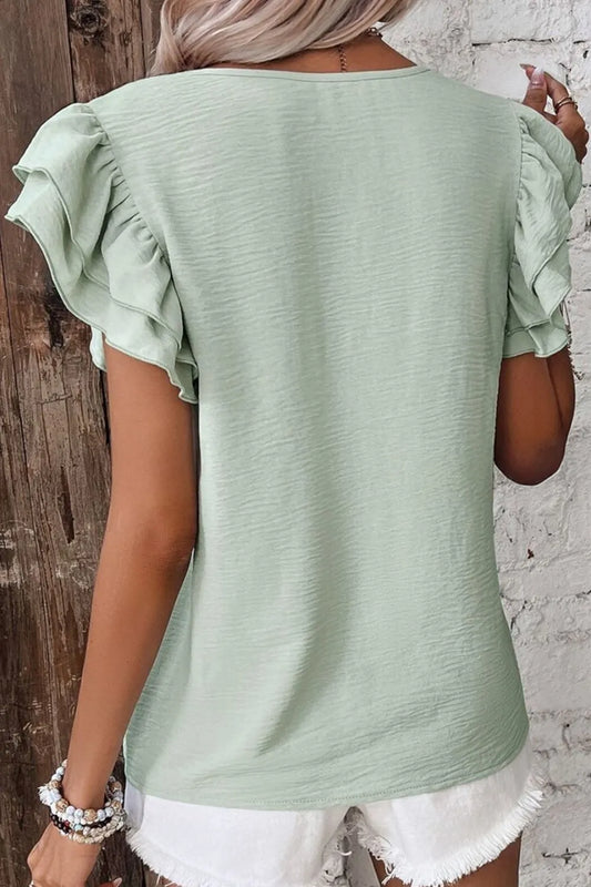 Ruffled V-Neck Blouse with Cap Sleeves